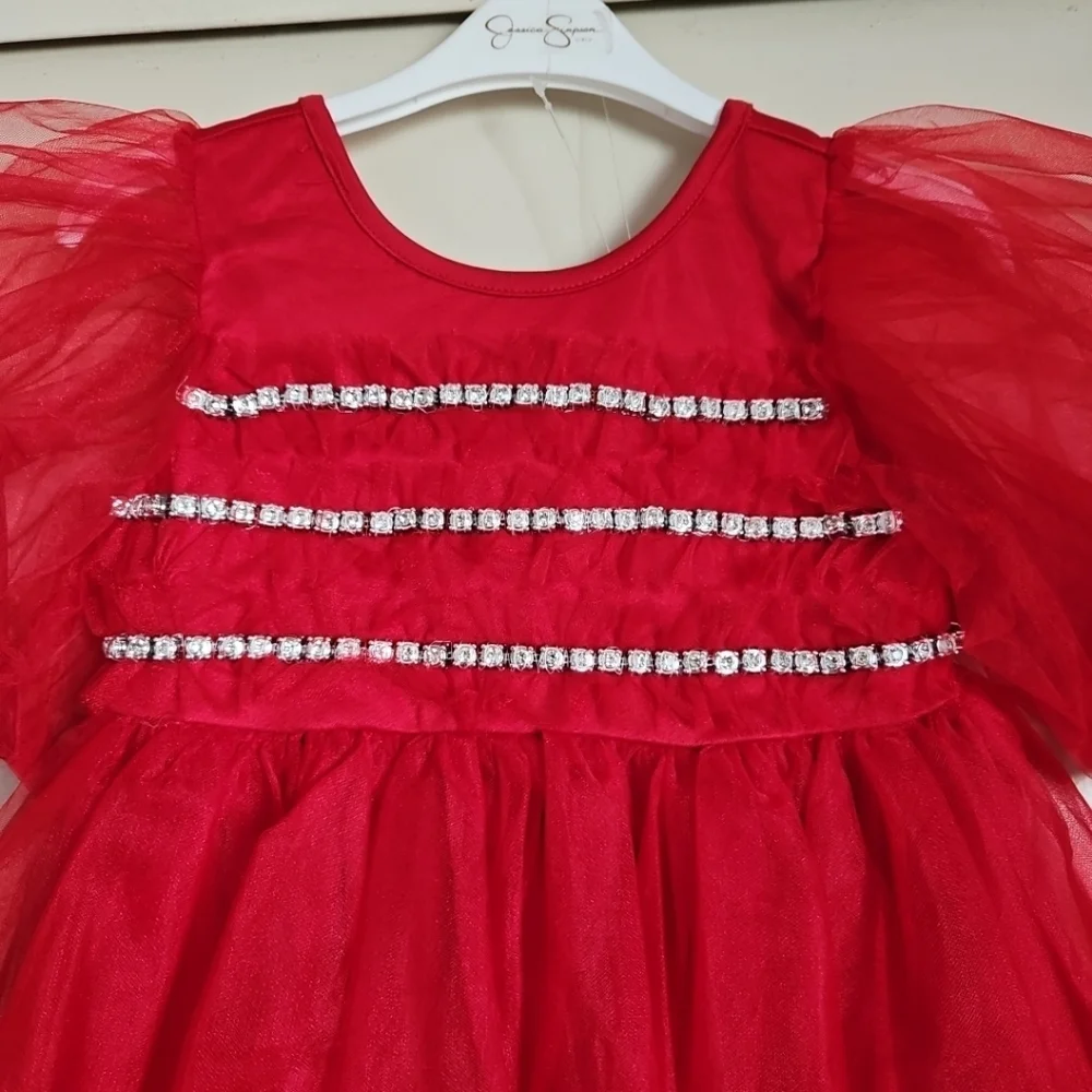 Jessica Simpson Flower Girl Red Tulle Dress Puff Sleeves Rhinestones Accent 6X